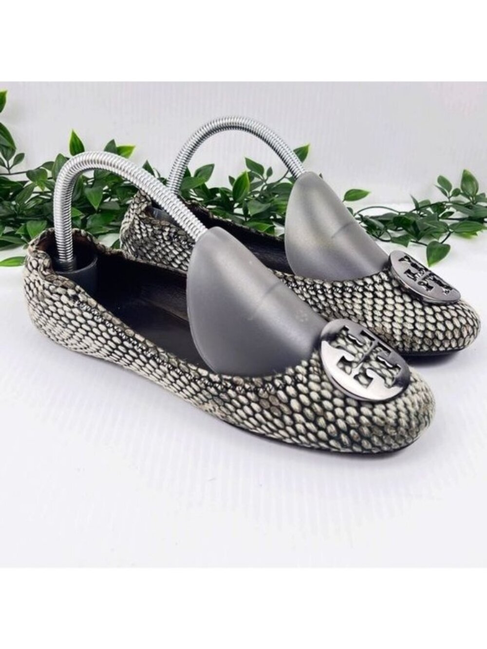 Tory Burch Reva Snake Printed Calf Hair gray Flat 7.5